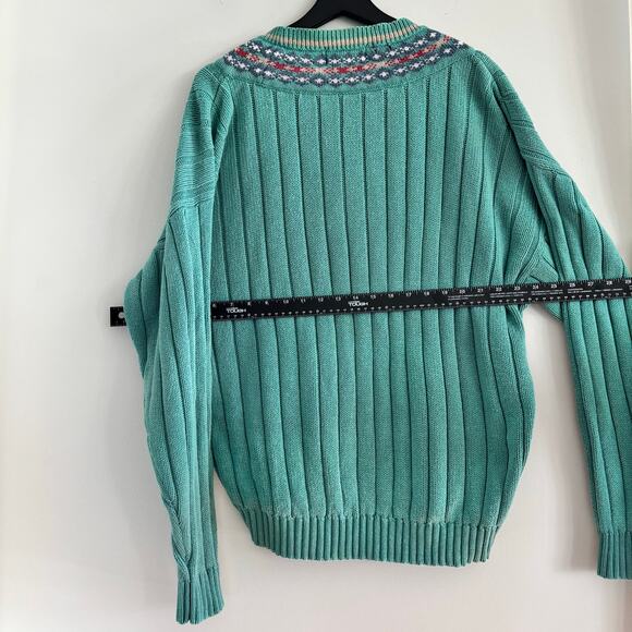 Vintage 90s INC Teal Purple V Neck Fisherman Knit Sweater Size Large 100% Cotton - Picture 5 of 8